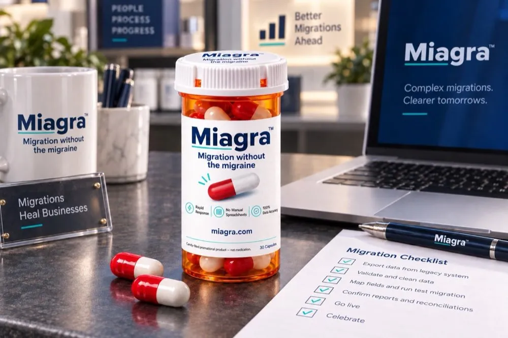A bottle of MIAGRA on a consultant's desk beside a completed migration checklist.