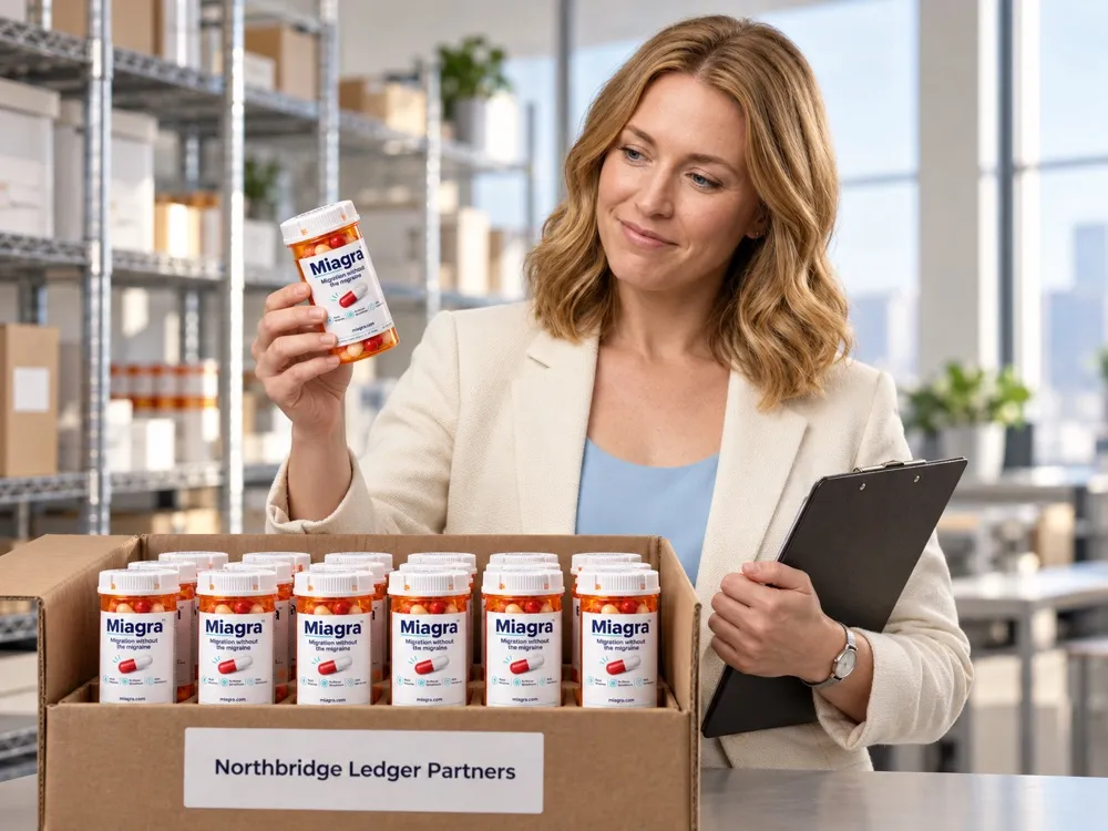 A consultant in a stockroom holding up a bottle of MIAGRA and a clipboard beside an open box of bottles labeled with a practice name.