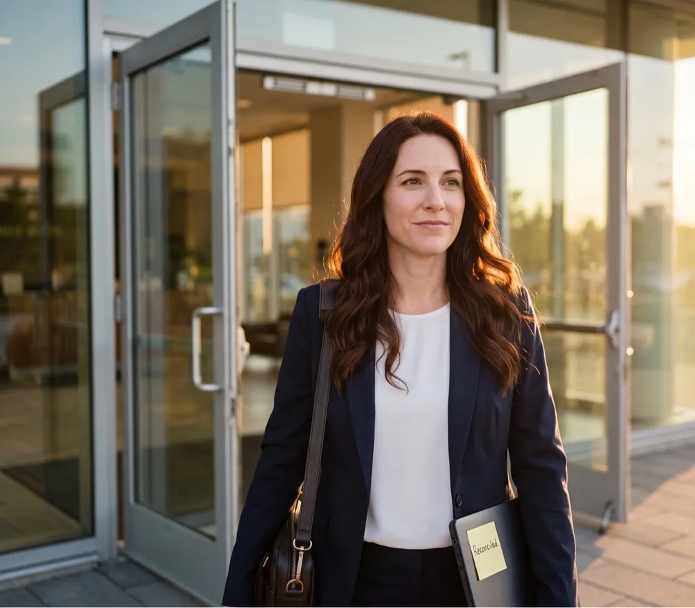 A consultant leaving an office building at sunset with a bag over her shoulder and a laptop under her arm bearing a note that reads Reconciled.