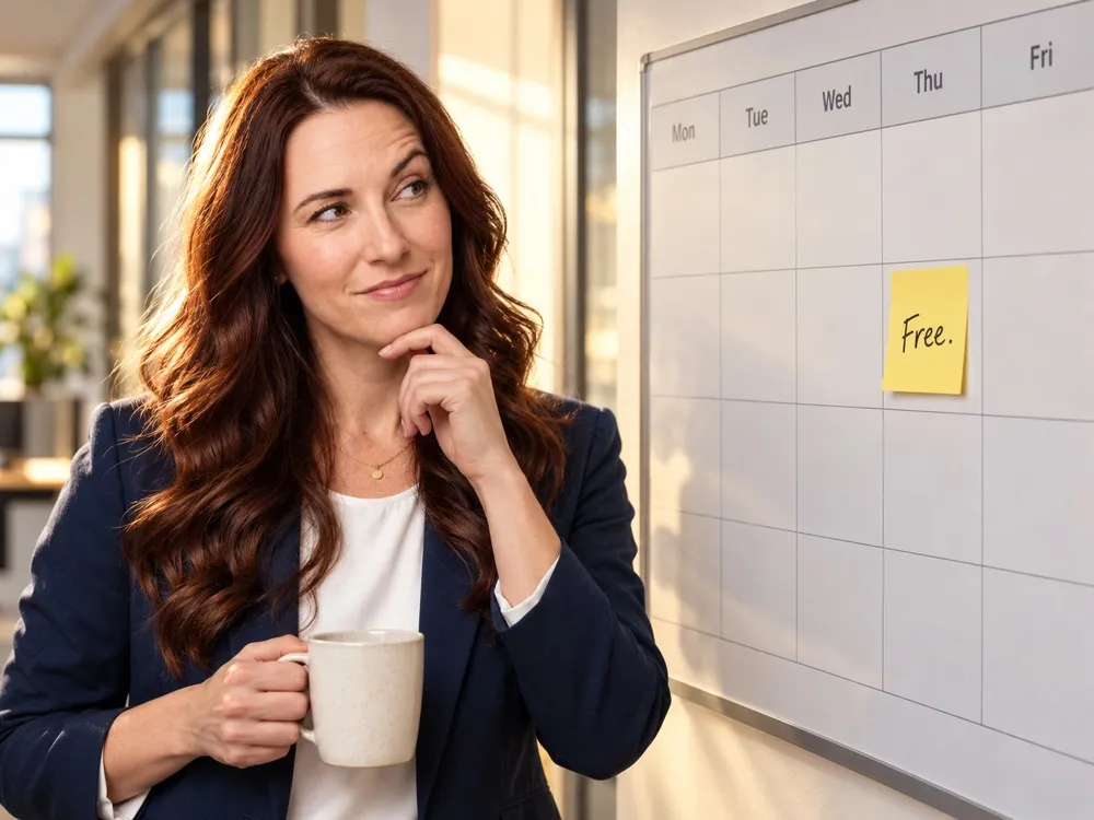 A consultant holding a coffee mug and looking thoughtfully at a weekly calendar board with a note reading Free. on Thursday.
