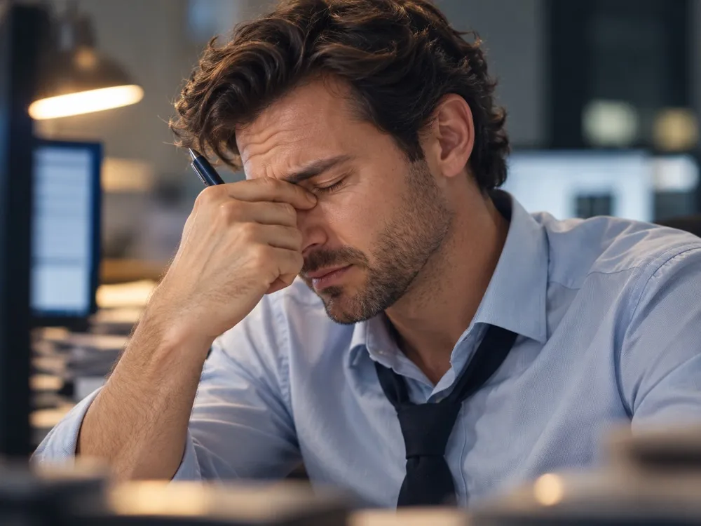 A consultant with his eyes closed pinching the bridge of his nose, a pen in his hand, at a desk in a dim office.