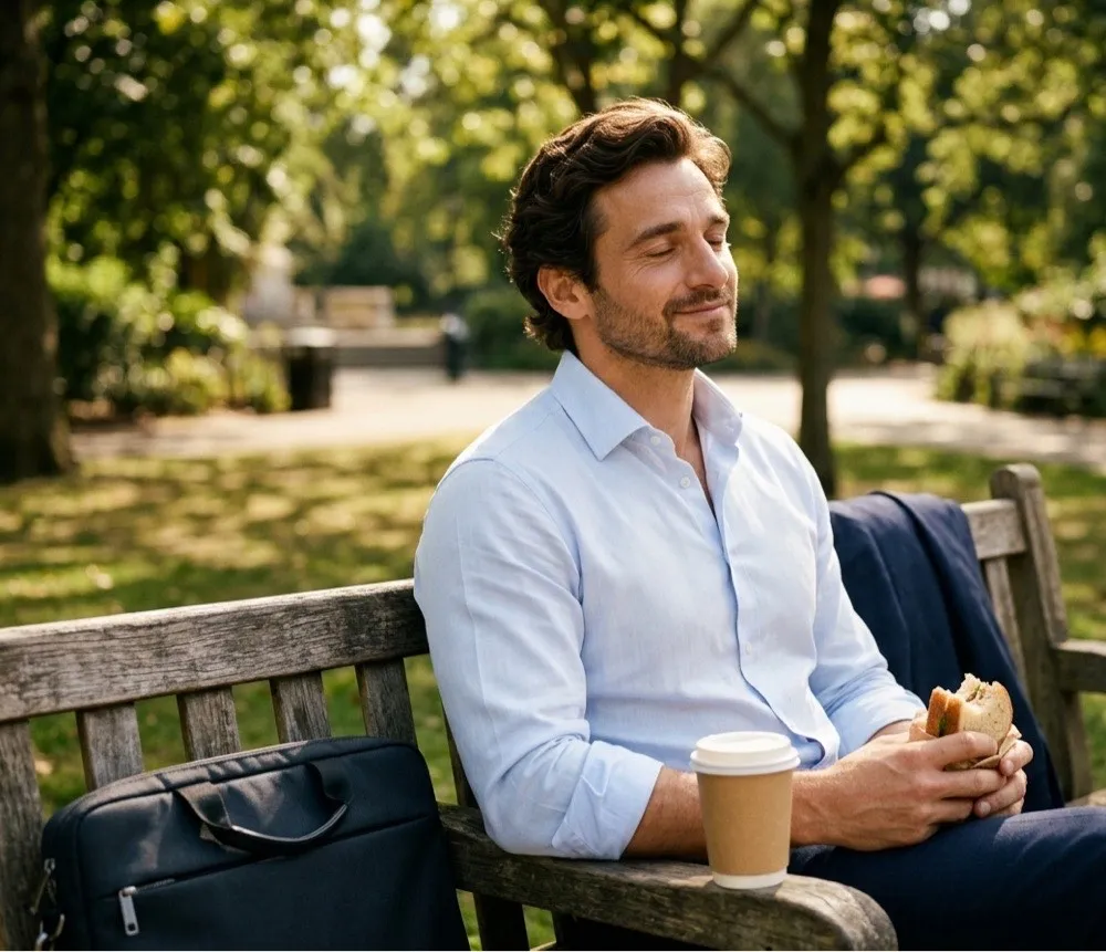 A consultant sitting on a park bench with his eyes closed and a sandwich in his hand, a coffee and a laptop bag beside him.