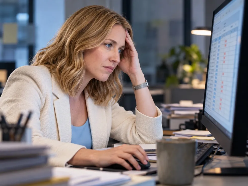 A consultant with a hand to her temple looking at a spreadsheet on a monitor with several cells flagged in red.