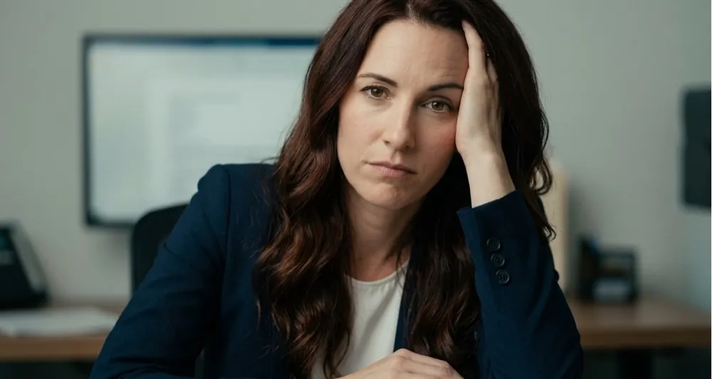 A consultant with a hand pressed to her head at a desk beside a stack of folders.