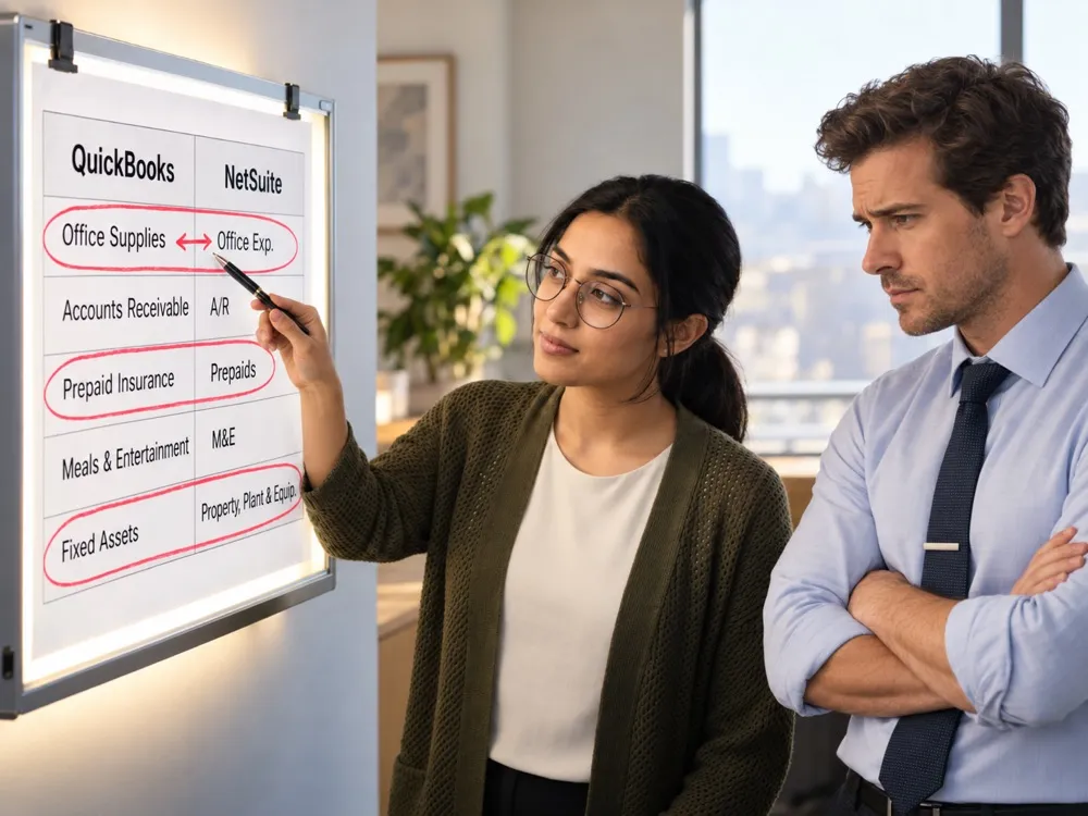 Two colleagues at a wall chart comparing QuickBooks accounts with NetSuite accounts, one pointing with a pen at Office Supplies and Office Exp. while the other watches with arms crossed.
