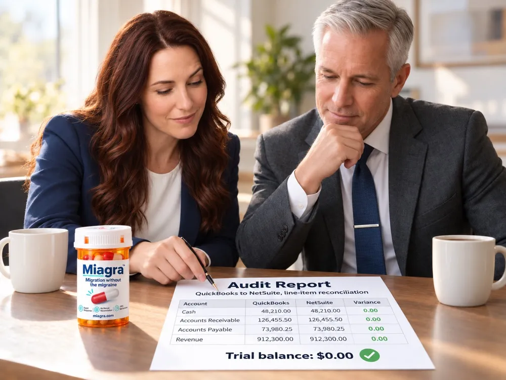 Two colleagues at a table reviewing a line-item audit report from QuickBooks to NetSuite that ends with a trial balance of $0.00, a bottle of MIAGRA and two coffee mugs beside it.