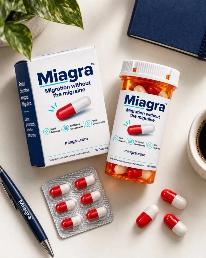 The MIAGRA Sample Pack seen from above: a carton, a bottle, and a blister pack of candy capsules.