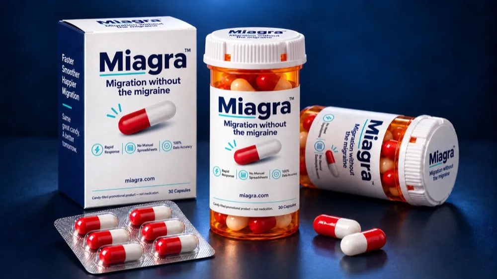 A MIAGRA Sample Pack: a carton, bottles, and a blister pack of candy capsules on a navy surface.