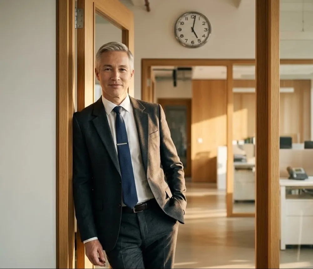A managing partner in a suit leaning in an open office doorway, an empty office and a wall clock reading five behind him.