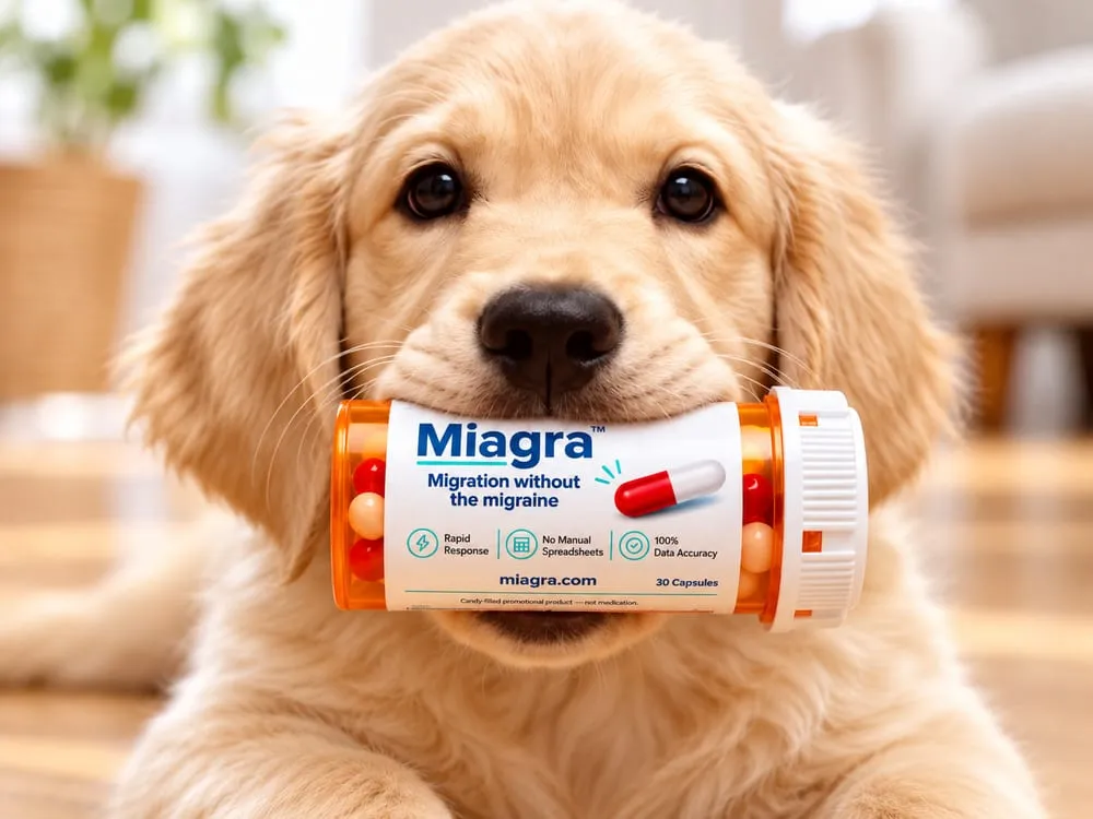 A golden retriever puppy holding a bottle of MIAGRA in its mouth.