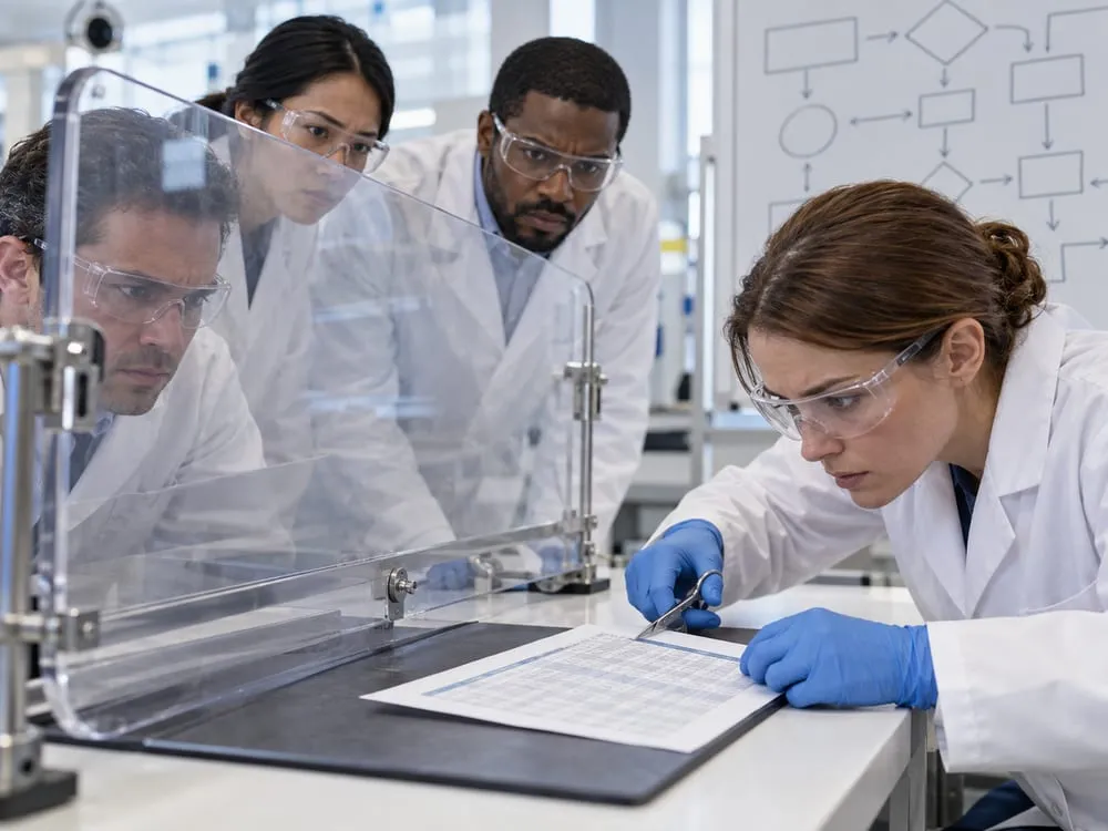 An investigator handling a printed spreadsheet with forceps behind a clear safety shield while colleagues watch.