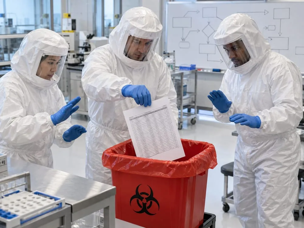 Three technicians in full protective suits lowering a printed spreadsheet into a red biohazard bin.