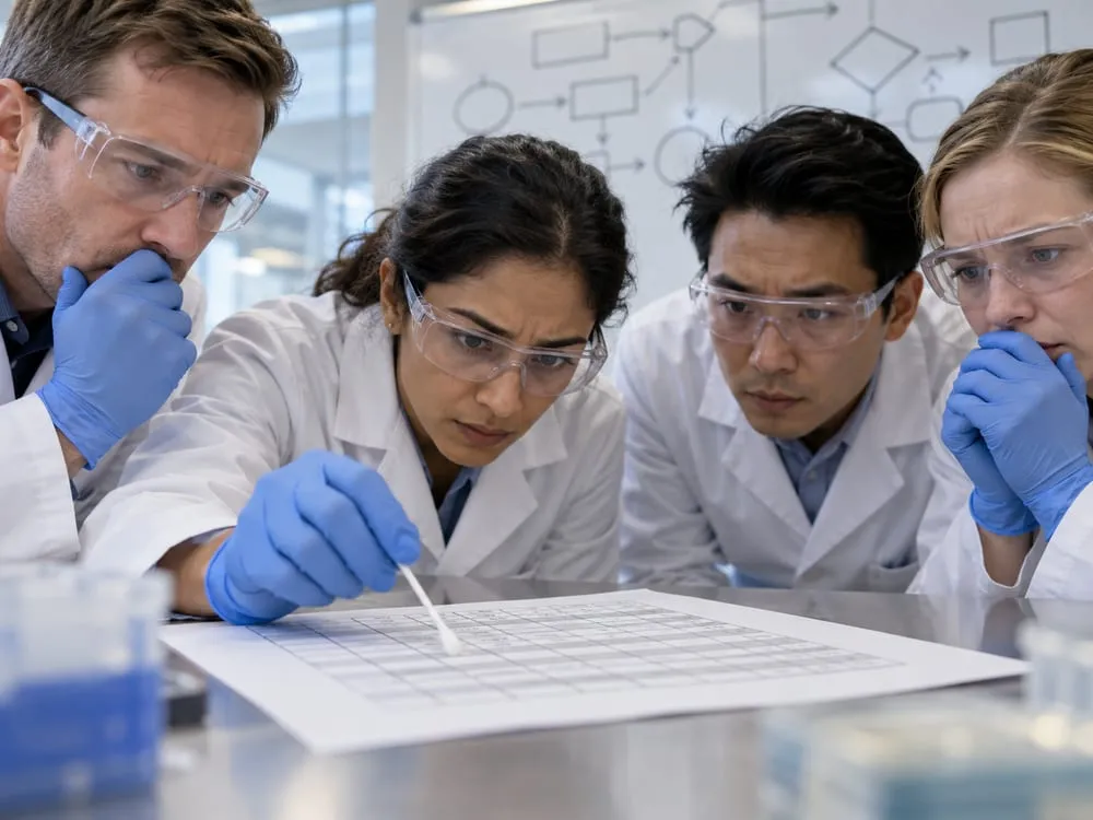 Investigators in gloves and safety glasses watching a colleague take a swab from a printed spreadsheet.