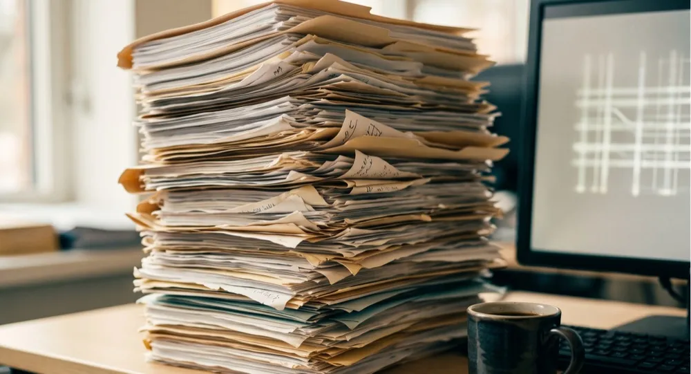 A tall, uneven stack of paper files on a desk beside a monitor and a cup of coffee.