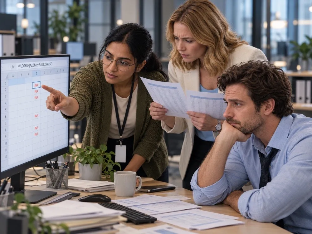 Two colleagues pointing at #N/A errors from a VLOOKUP on a monitor while a tired consultant rests his chin on his hand.